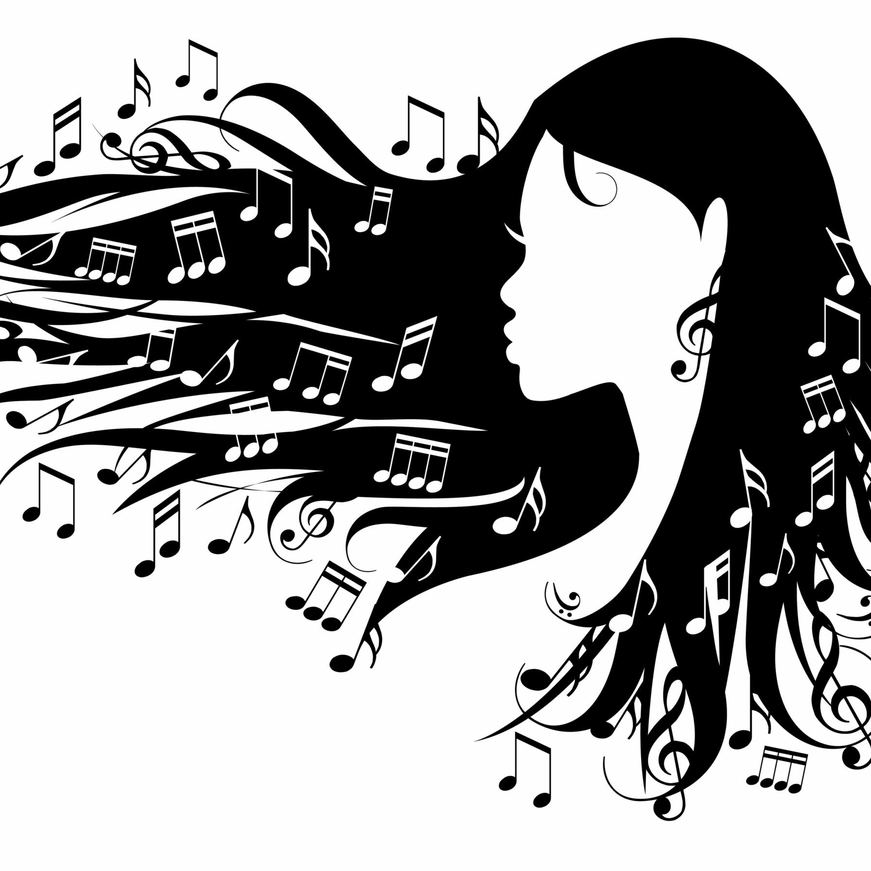 Beautiful black woman with music notes in her long hair, vector illustration on white background