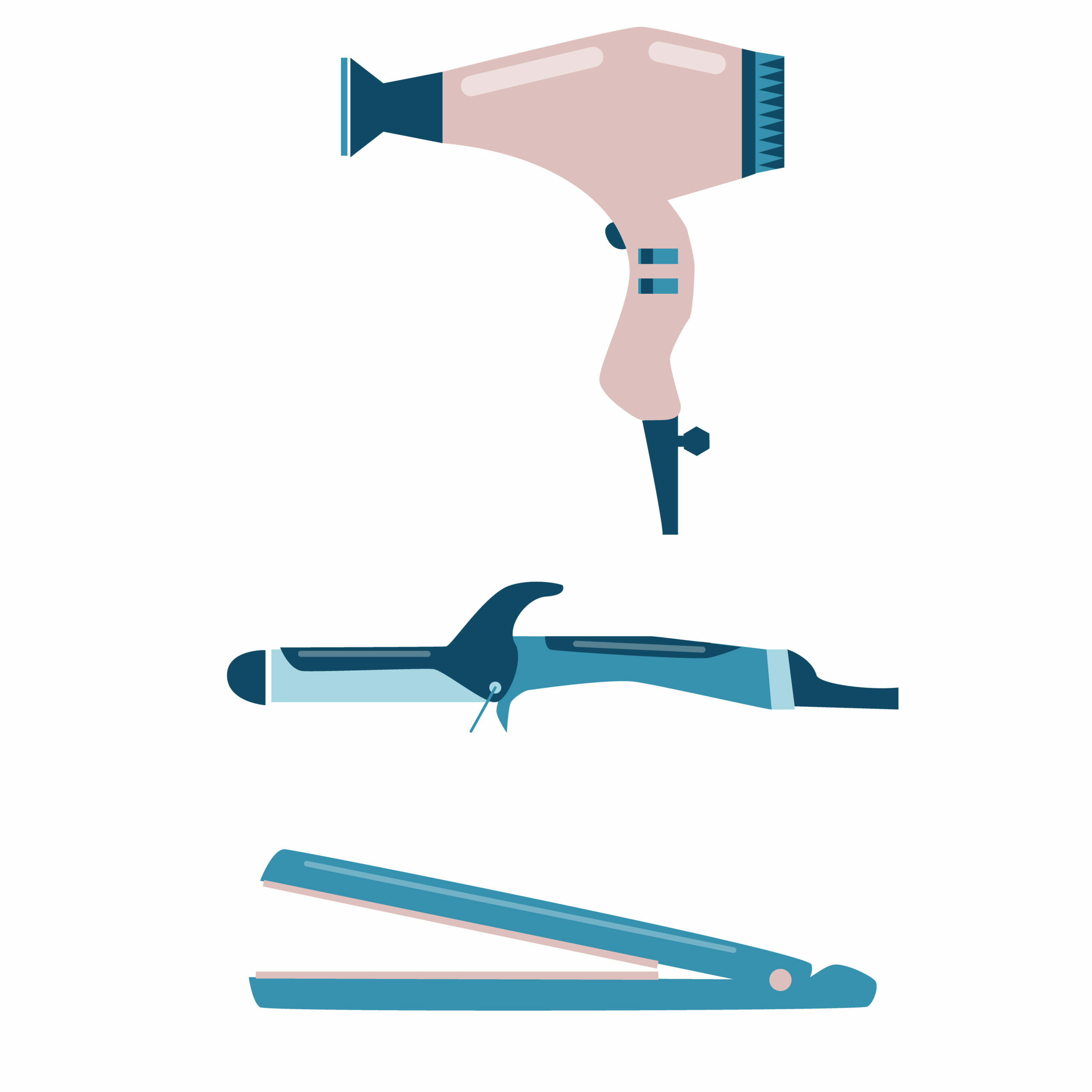 Hairdo make set with hair straightener, curling iron and hair dryer. Hairdresser tool flat isoleted vector icon