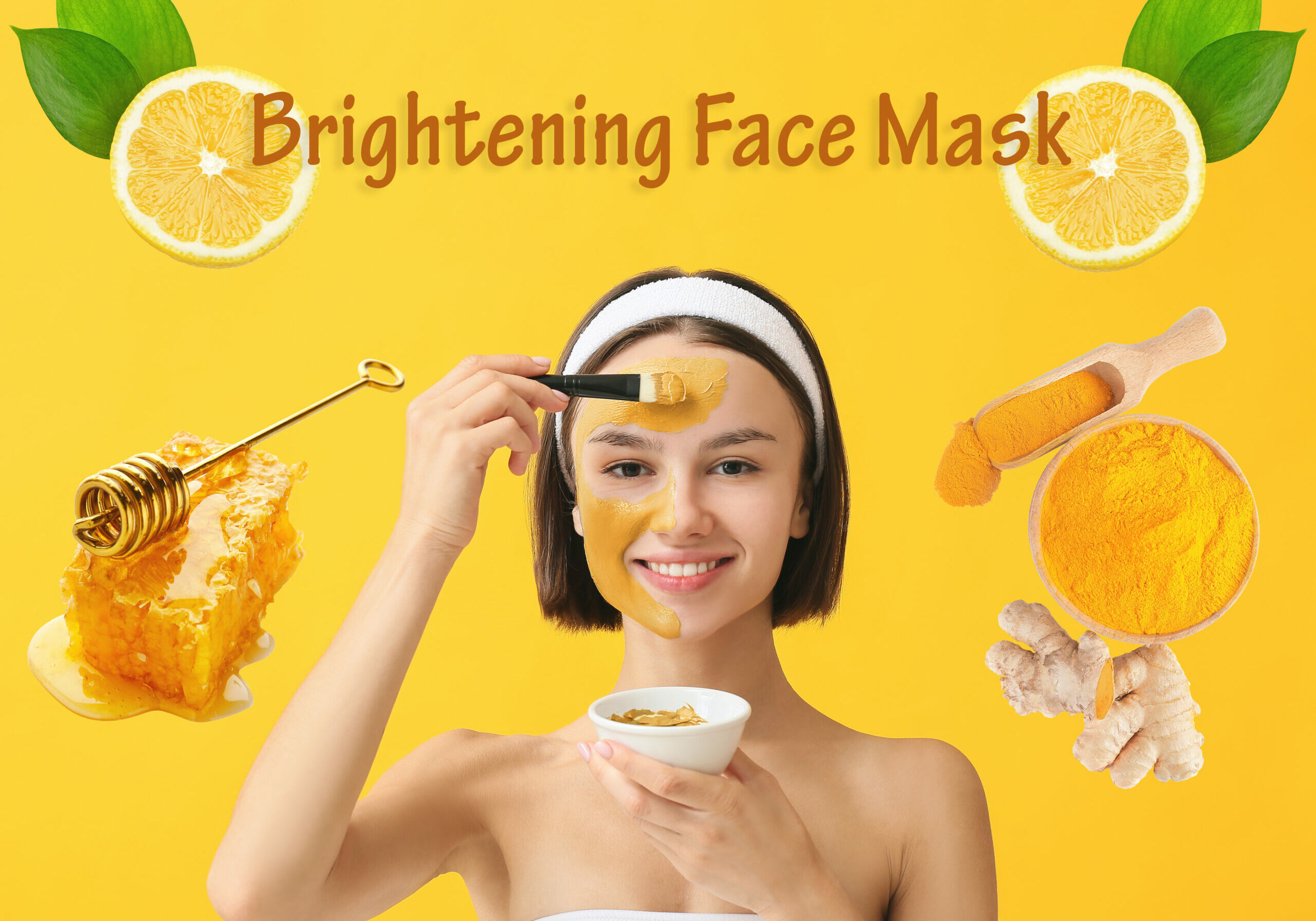 Young woman with applied brightening facial mask against yellow background